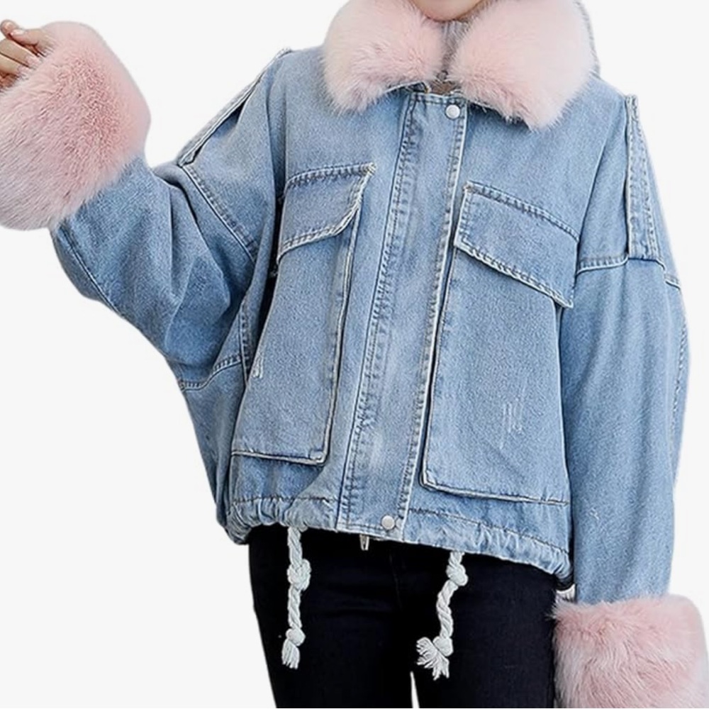 Amazon Women's Blue Denim Jacket with Pink Faux Fur